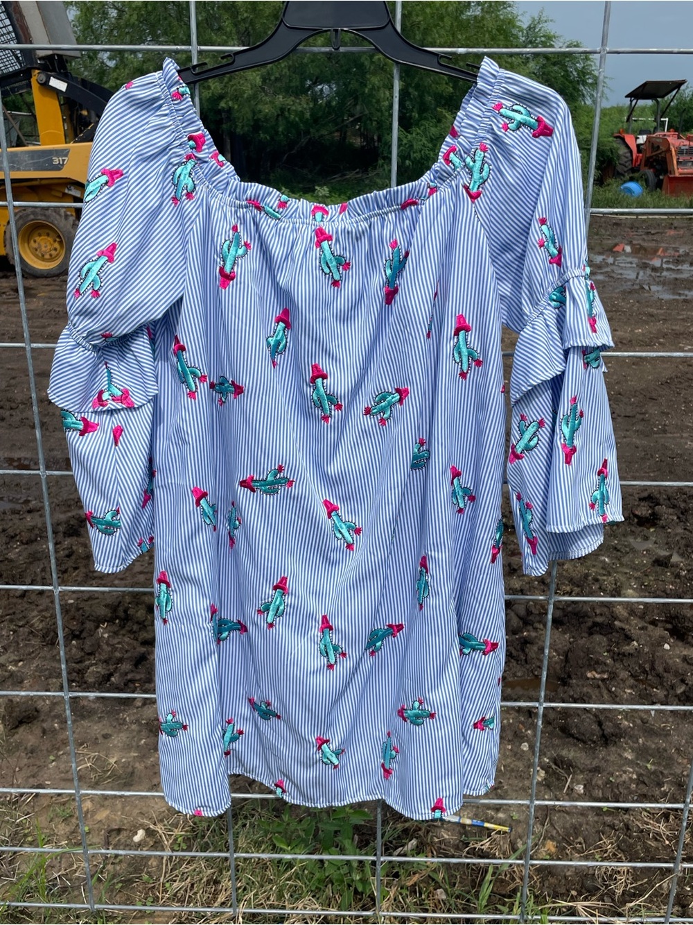 Peach Love Striped Off-Shoulder Dress with Pink & Green Cactus Print